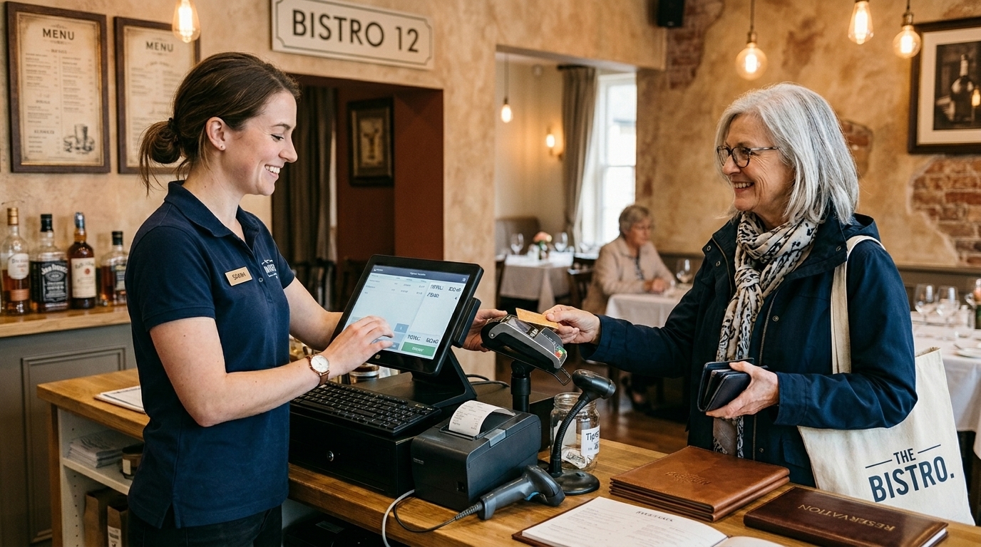 Cashier with POS in customer shop
